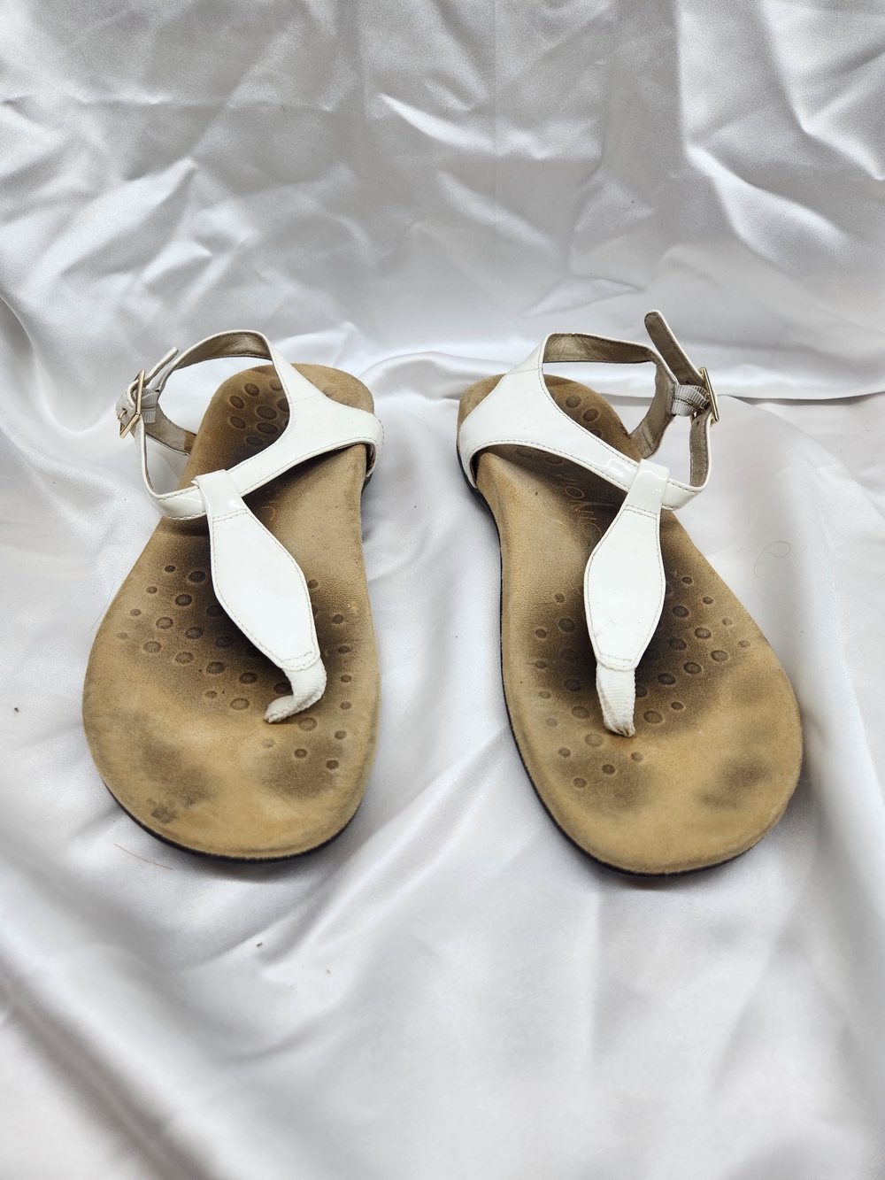 Vionic White T-Strap Sandals with Adjustable Ankle Buckle